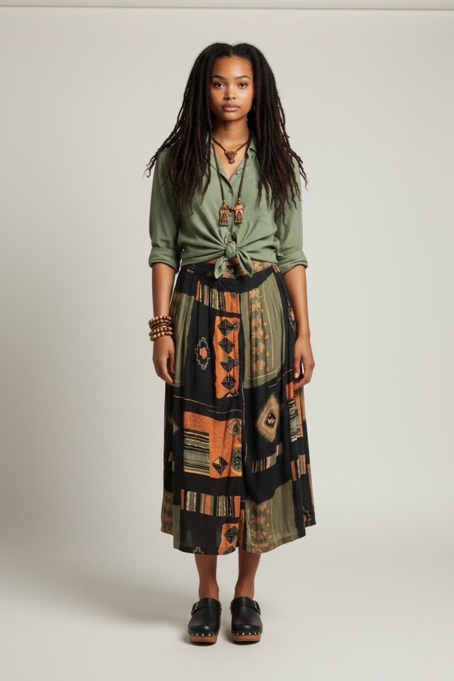 VTG 90s Abstract Patchwork Print Midi Skirt Artsy Earth Tone Geometric Size L